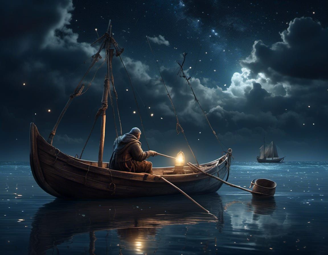 Medieval Man Night Fishing: Hyperrealistic Close-Up