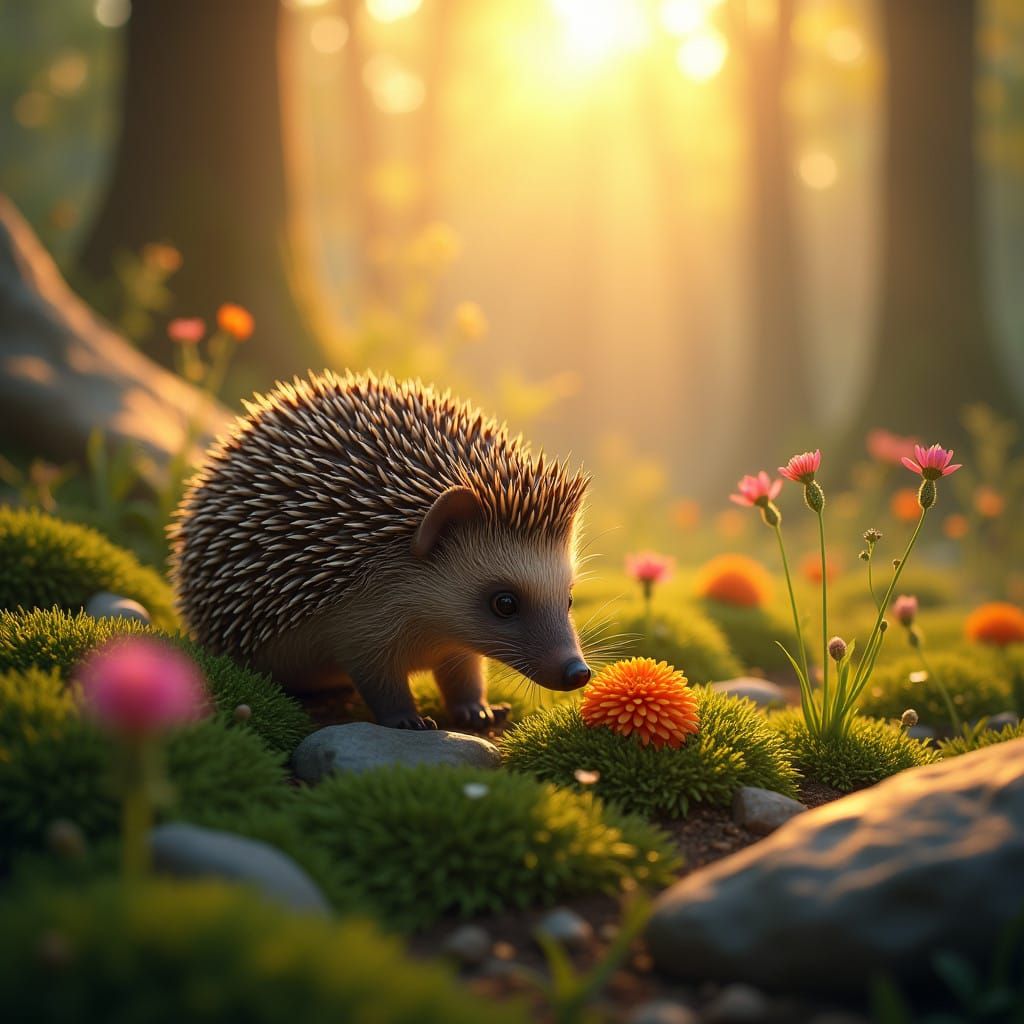 Photorealistic Hedgehog in Lush Sunrise Forest