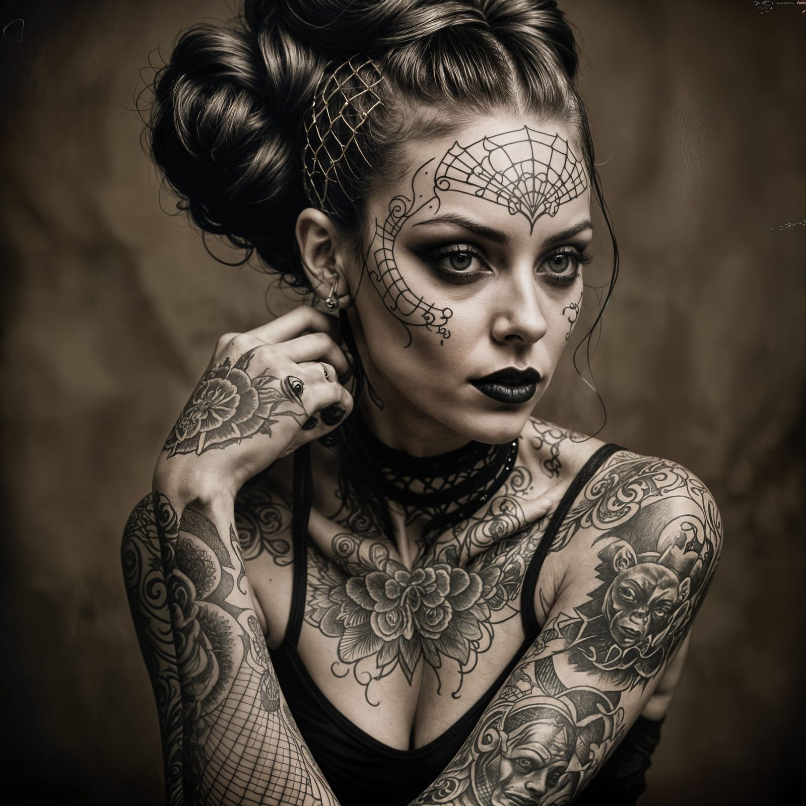 Tattooed Contortionist's Vintage Sepia Portrait