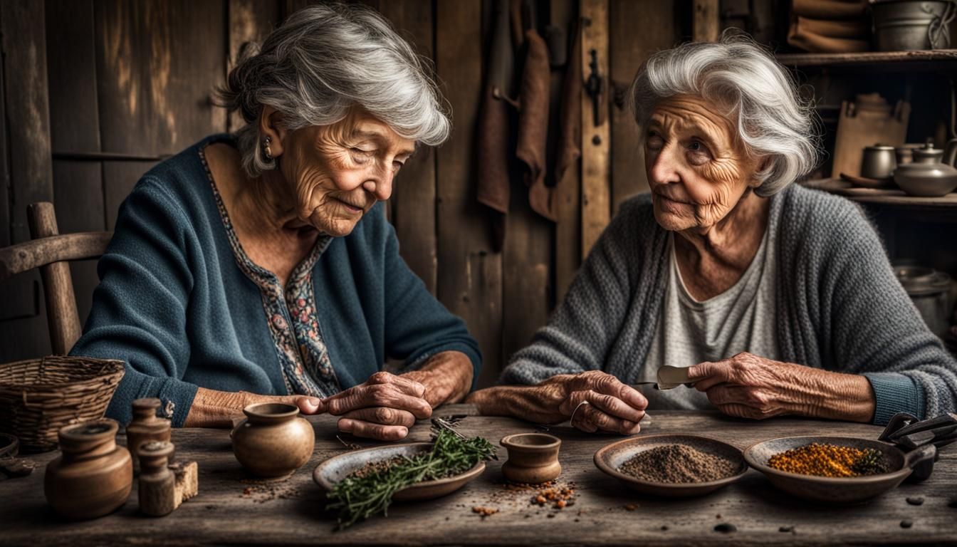 Grandmother and Woman Sharing Stories at Rustic Table
