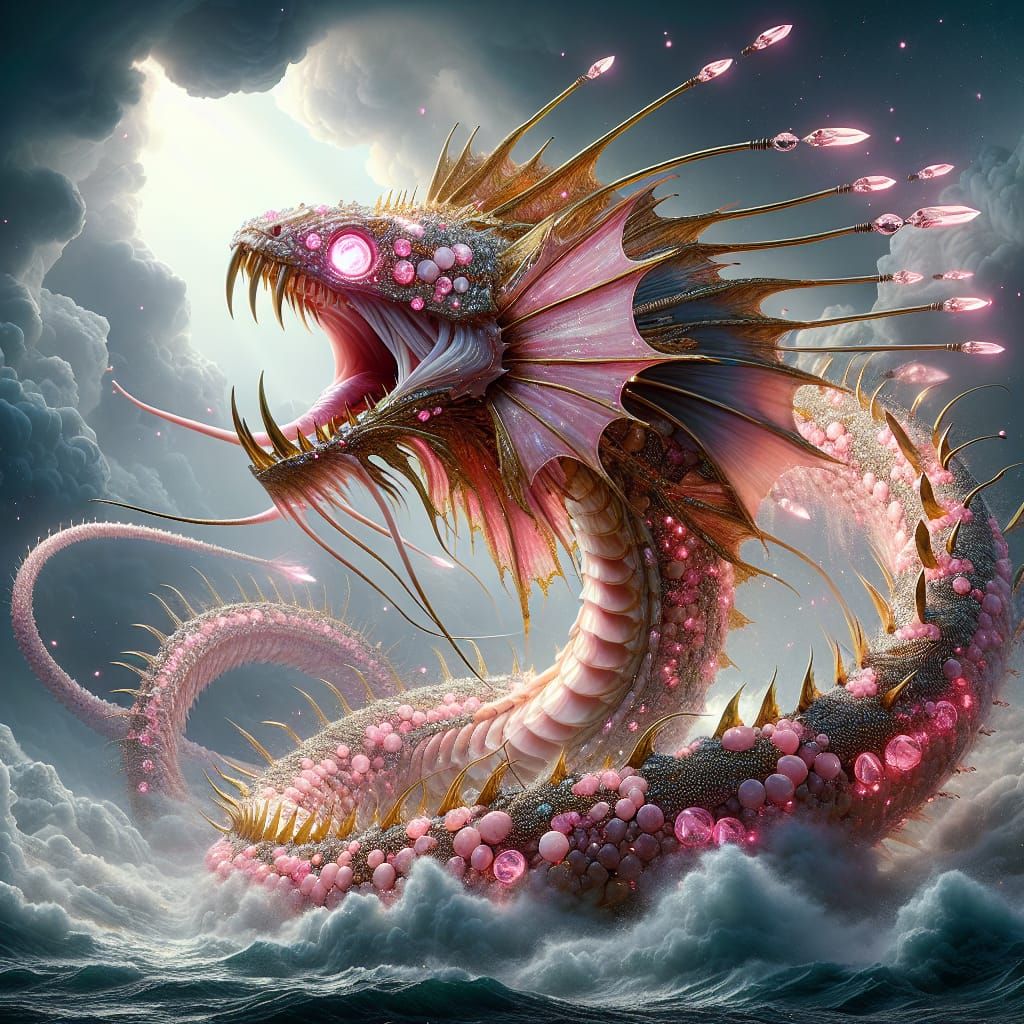King Cobra Angler Fish Hybrid in Storm, Romantic Style