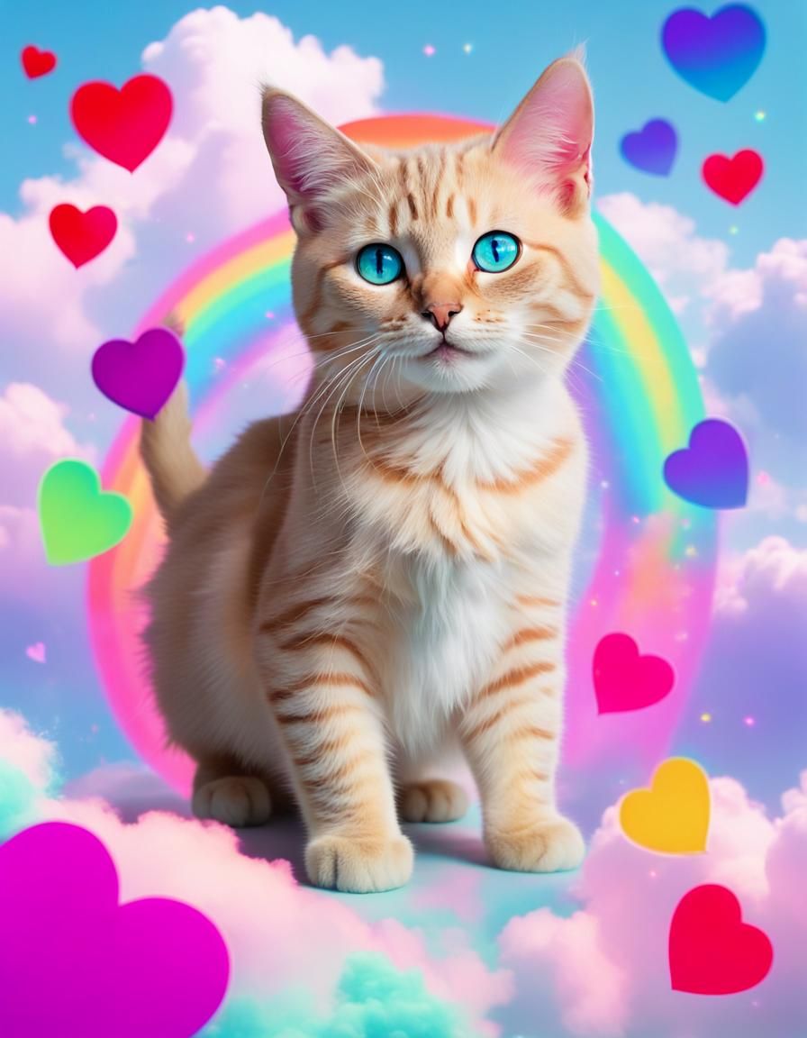 Neon-Eyed Cat in Psychedelic Pastel Dreamscape