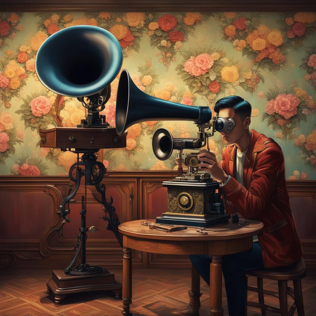 Cyborg Photographing Vintage Tech in Hyperrealistic Style