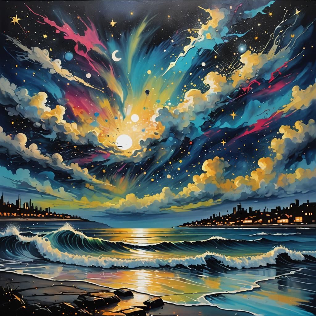 Starry Seascape in Graffiti Splash Art Style