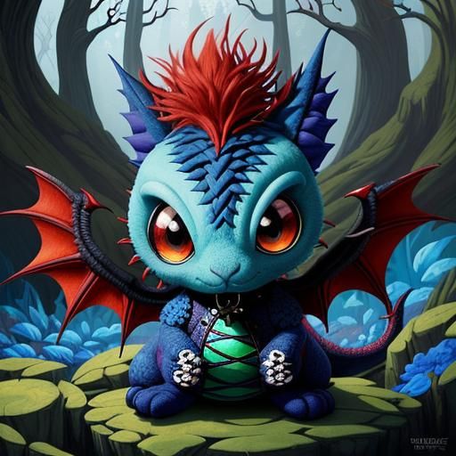 Quilted Gothic-Punk Baby Dragon in Vibrant Fairytale Scene