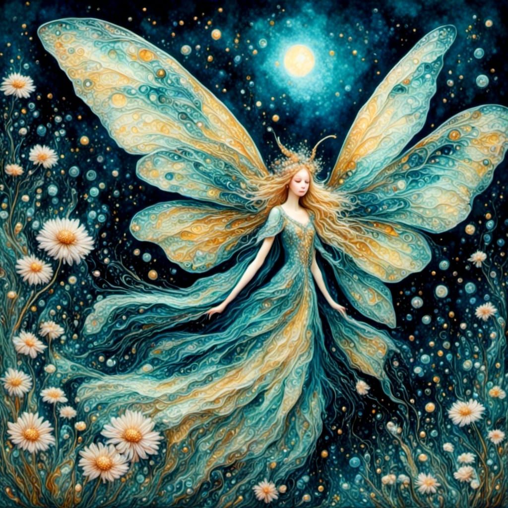 Luna Moth Fairy in Night Sky, Liquid Pour Painting