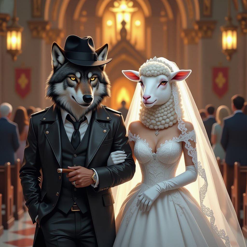 Whimsical Wolf in Fedora Escorts Bride to Church