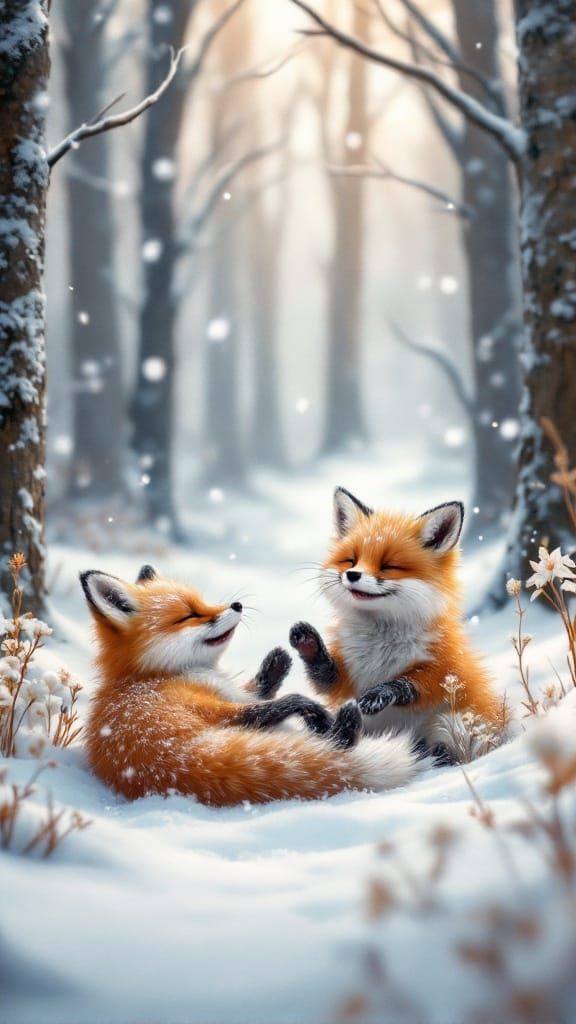 Whimsical Winter Wonderland with Adorable Foxes