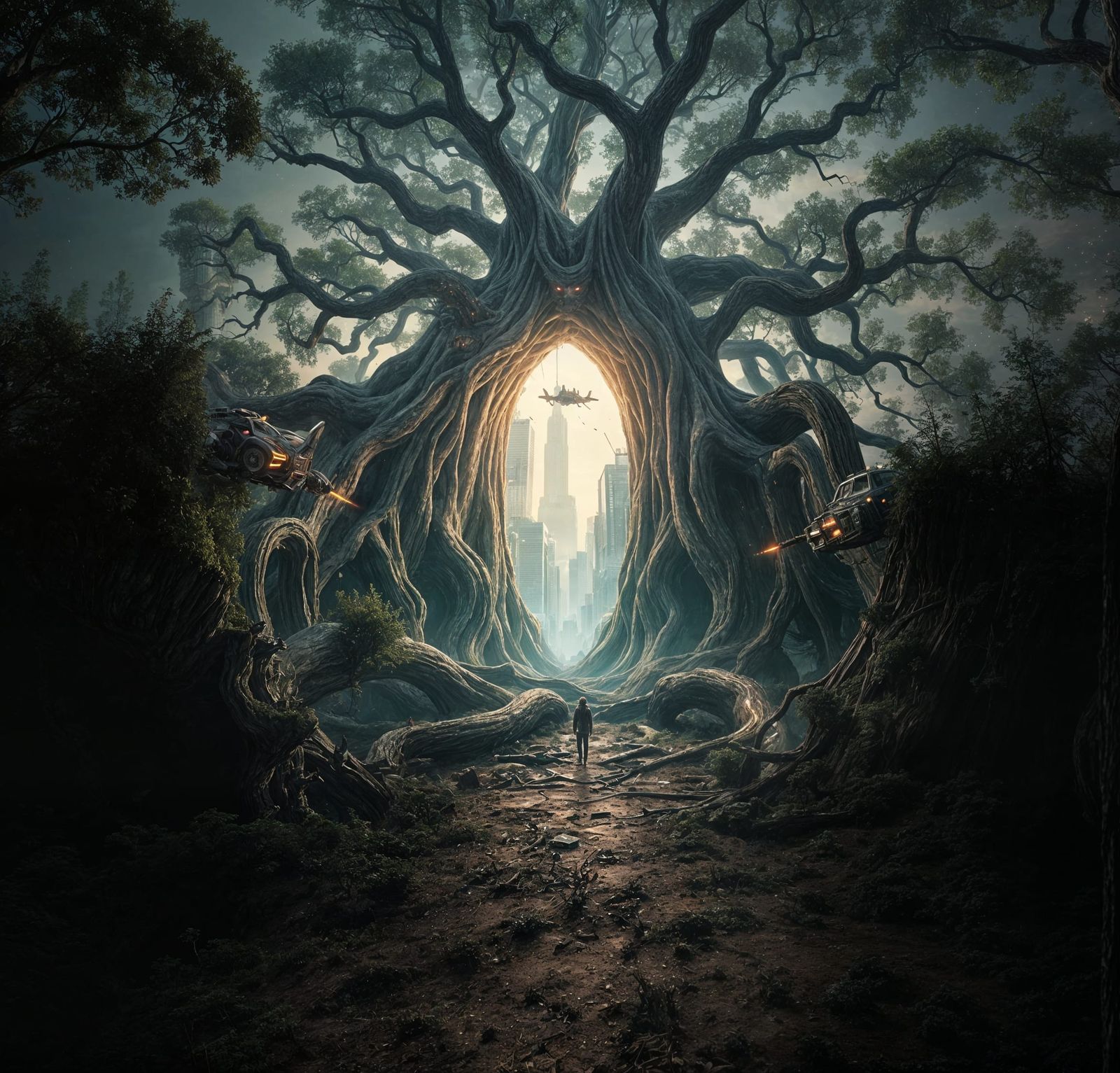 Cyberpunk City Portal in Ancient Tree