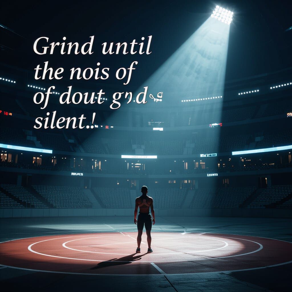 Lone Athlete in Stadium with Motivational Text Overlay