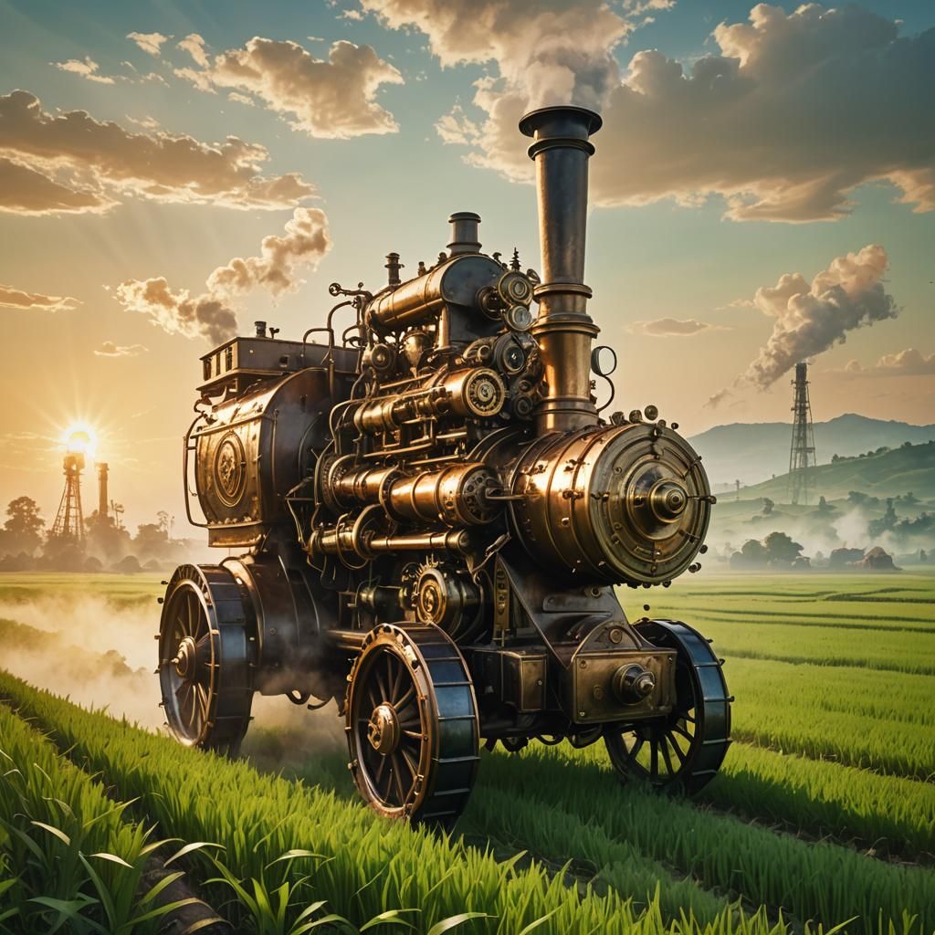 Steampunk Engine in Rice Field as Oil Painting