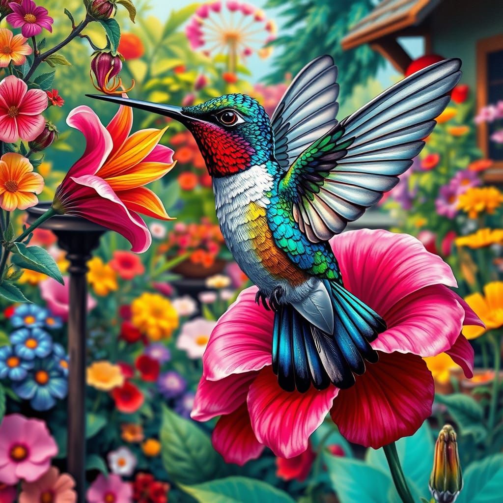 Vibrant Hummingbird in Whimsical Garden Scene