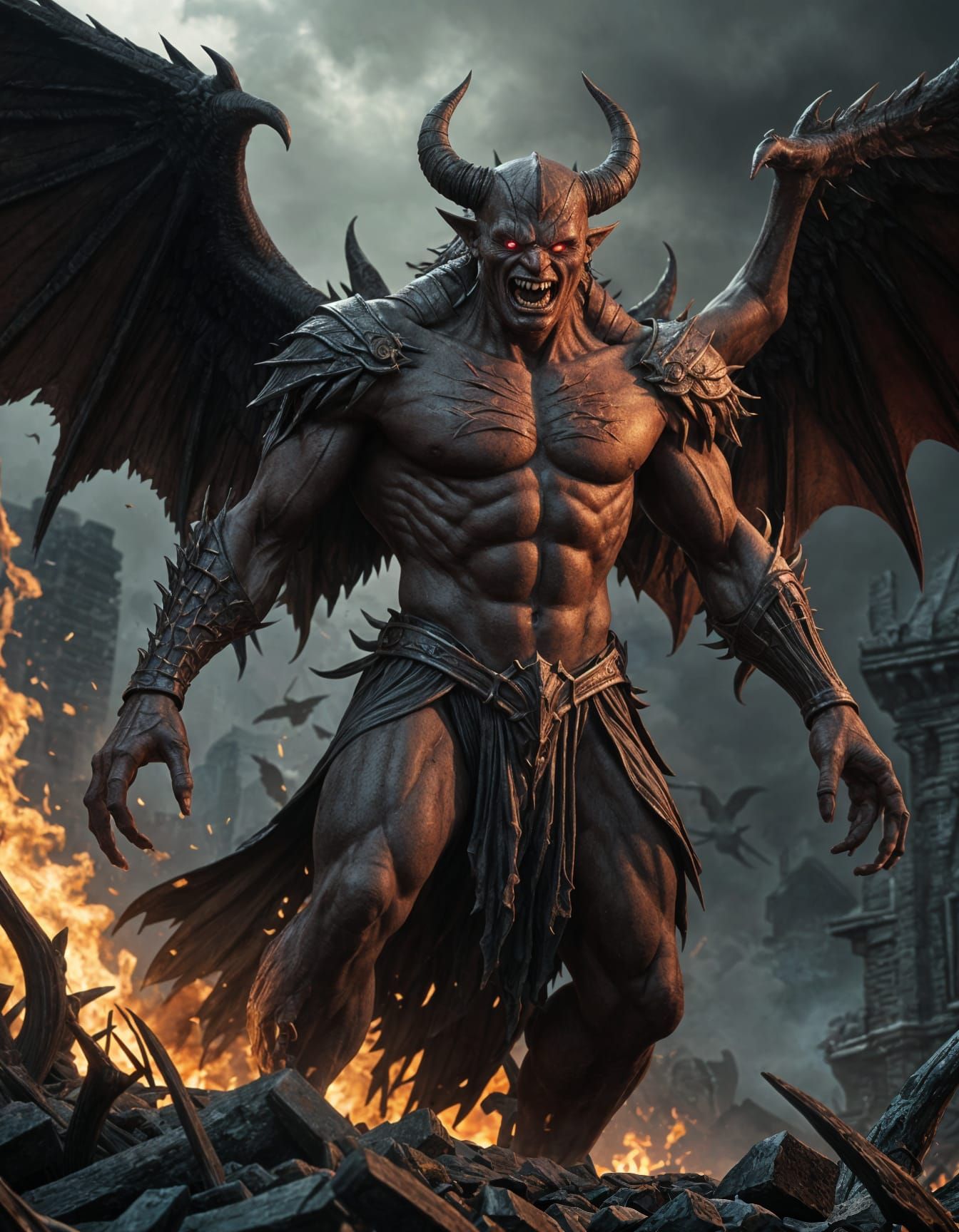 Epic Dark Fantasy Satan Spreads His Wings in Hellish Red and...