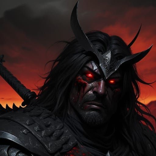 Vengeful Warrior in War-Torn Landscape: Dark Fantasy Art