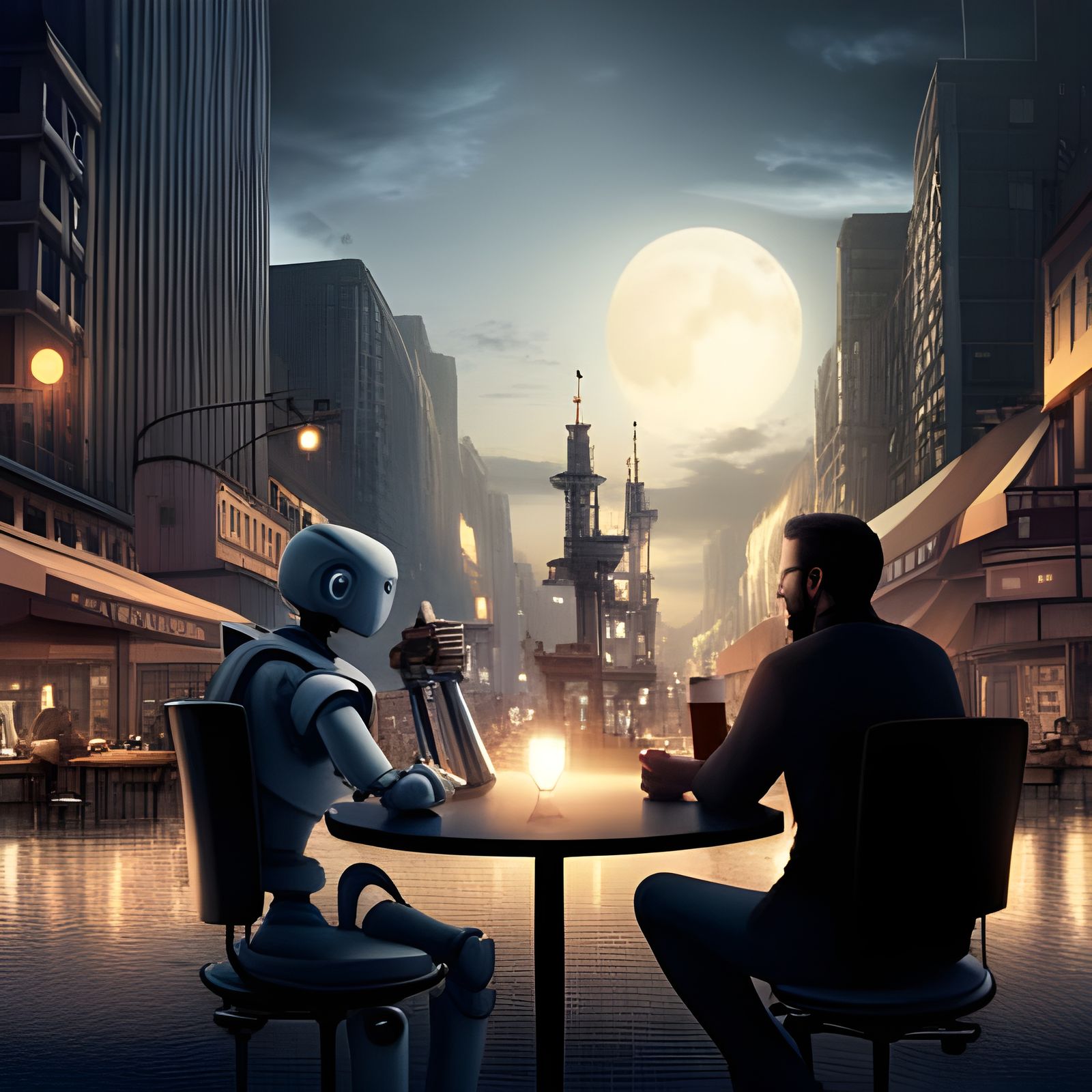 Man and Robot Share Coffee at Night Cafe