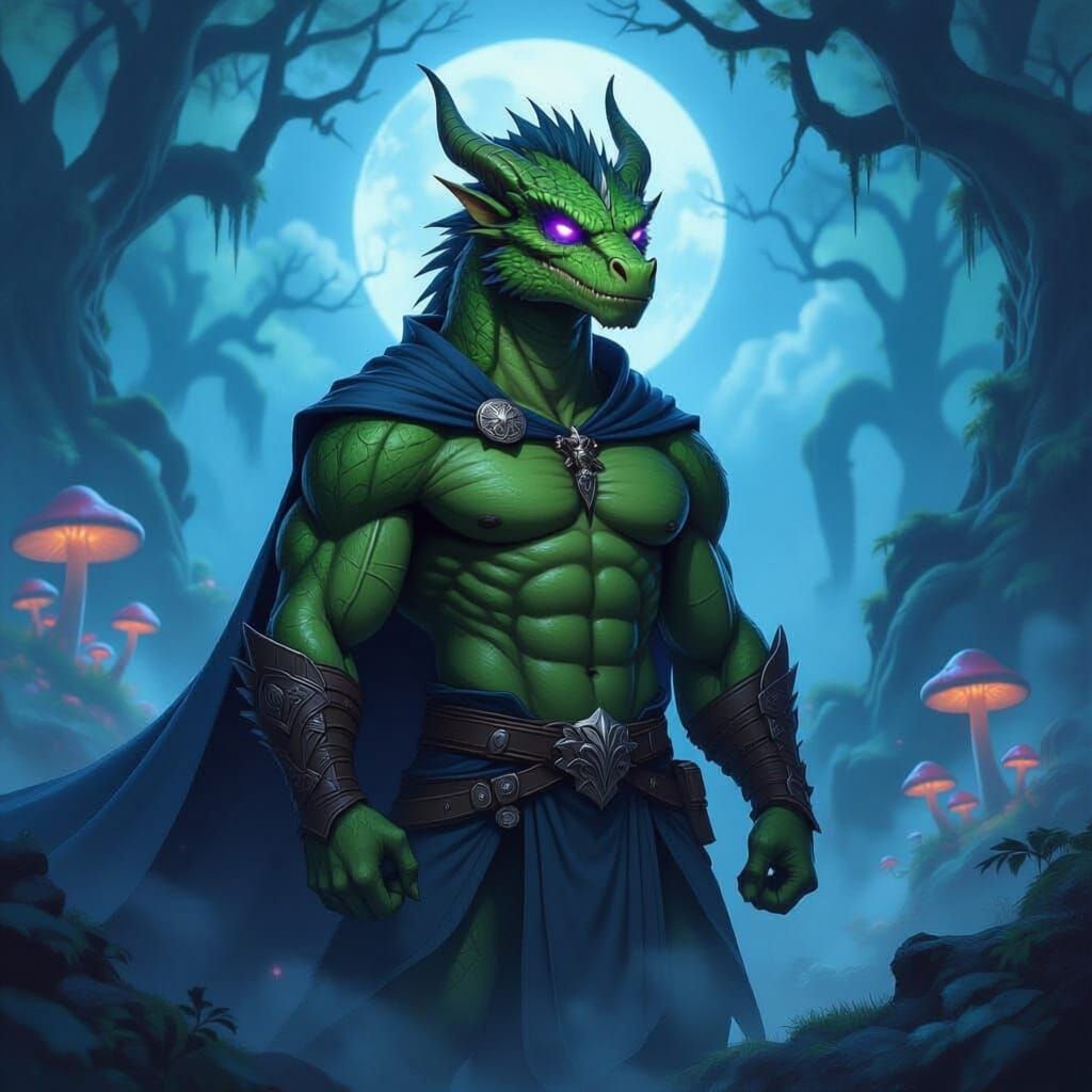 Green Dragonborn Warrior with Purple Eyes