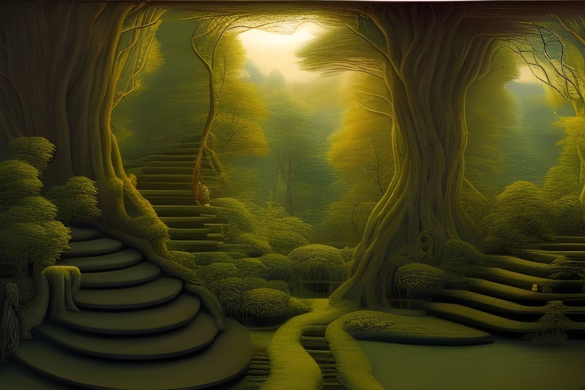 Golden Fantasy Garden at Night: 3D Digital Art