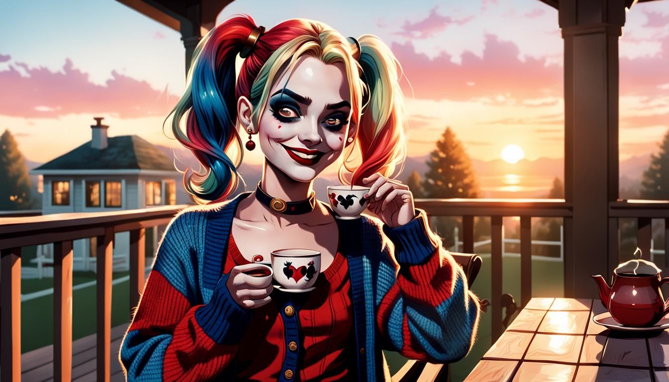 Relaxed Harley Quinn on Sunset Veranda with Tea