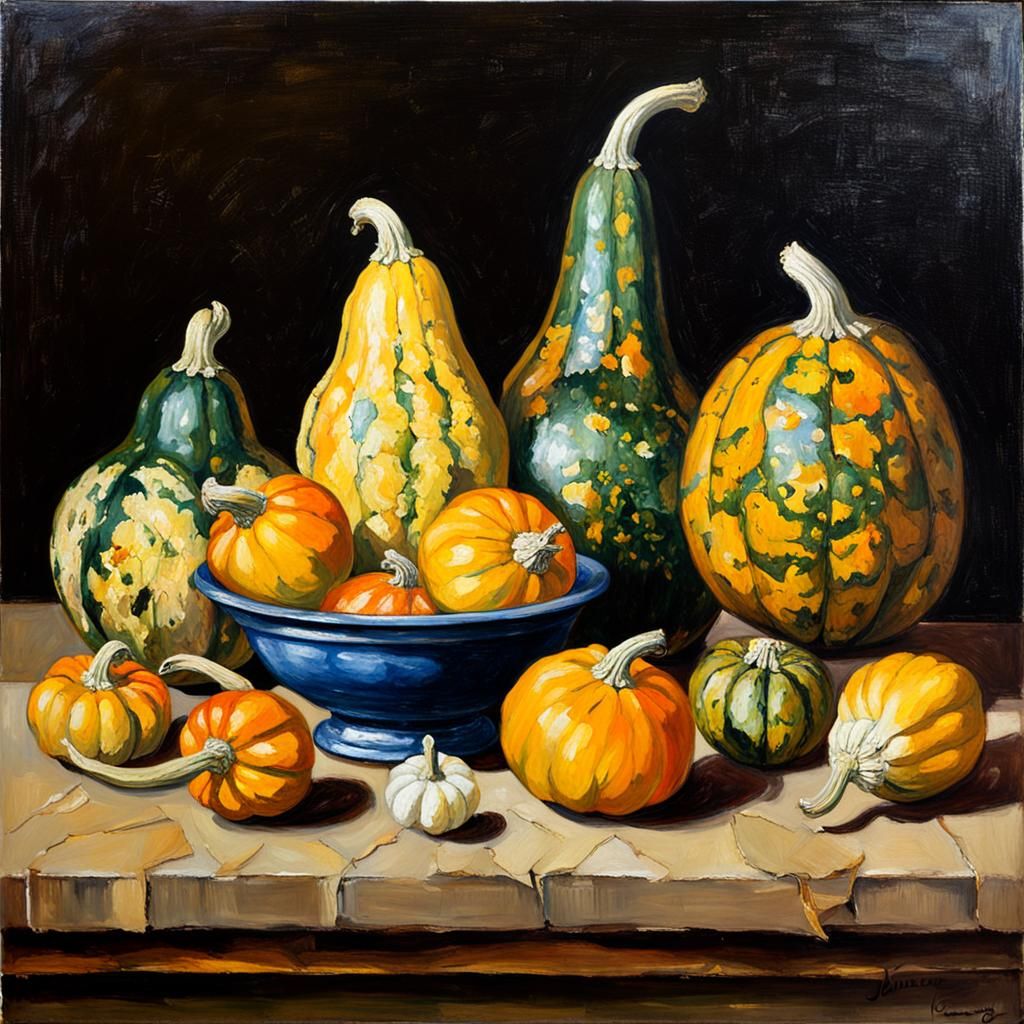 Gourds on a Table as Oil Painting
