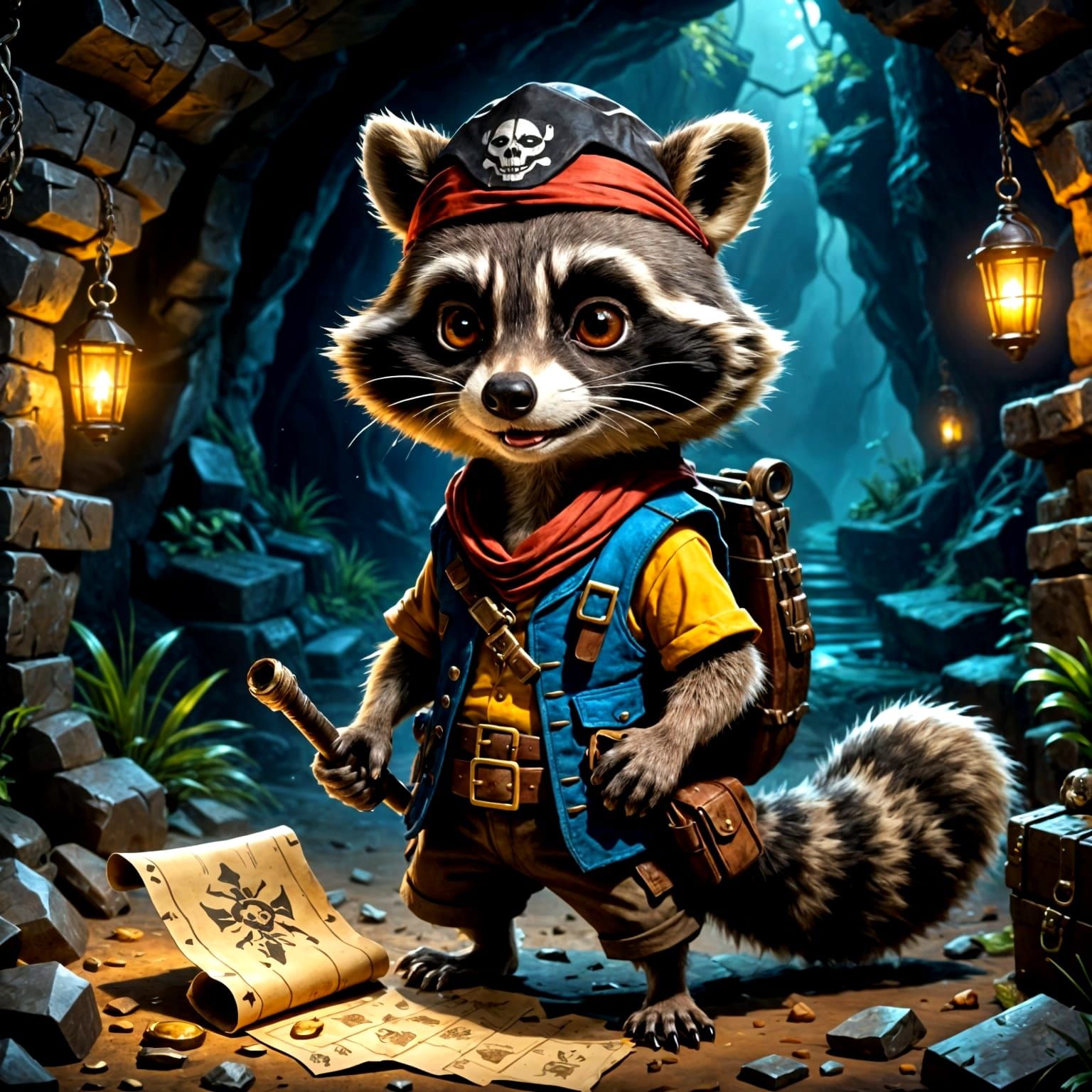 Pirate Raccoon Guarding Treasure Map, Digital Painting