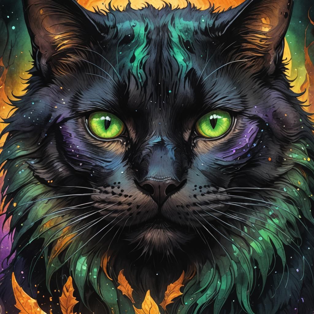 Giant Black Cat Purring in Dark Fantasy Style