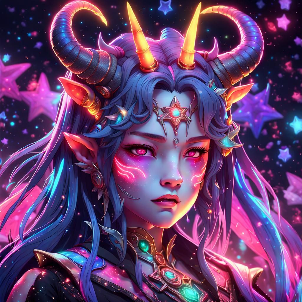 Neon Galaxy Demon Princess in Anime Style