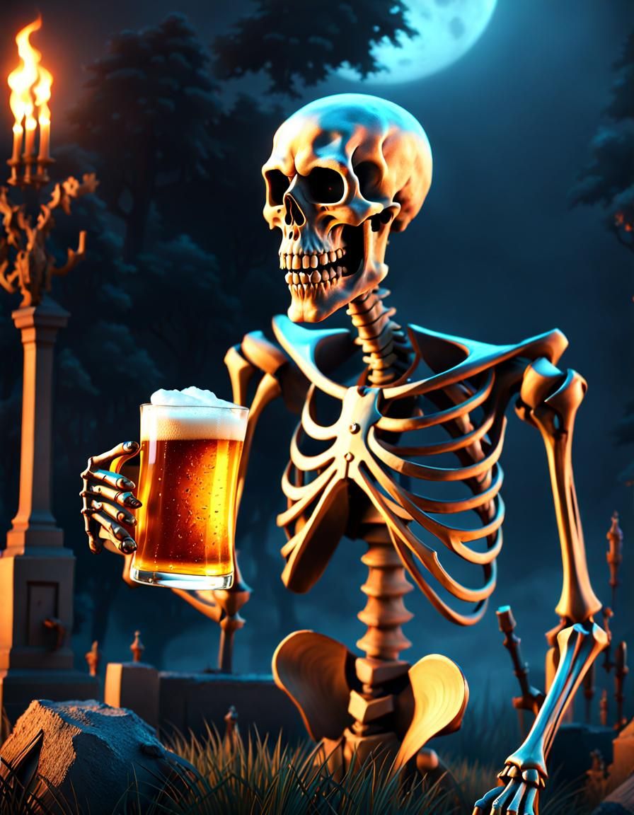 Smiling Skeleton with Beer in Graveyard, Zombiecore Art