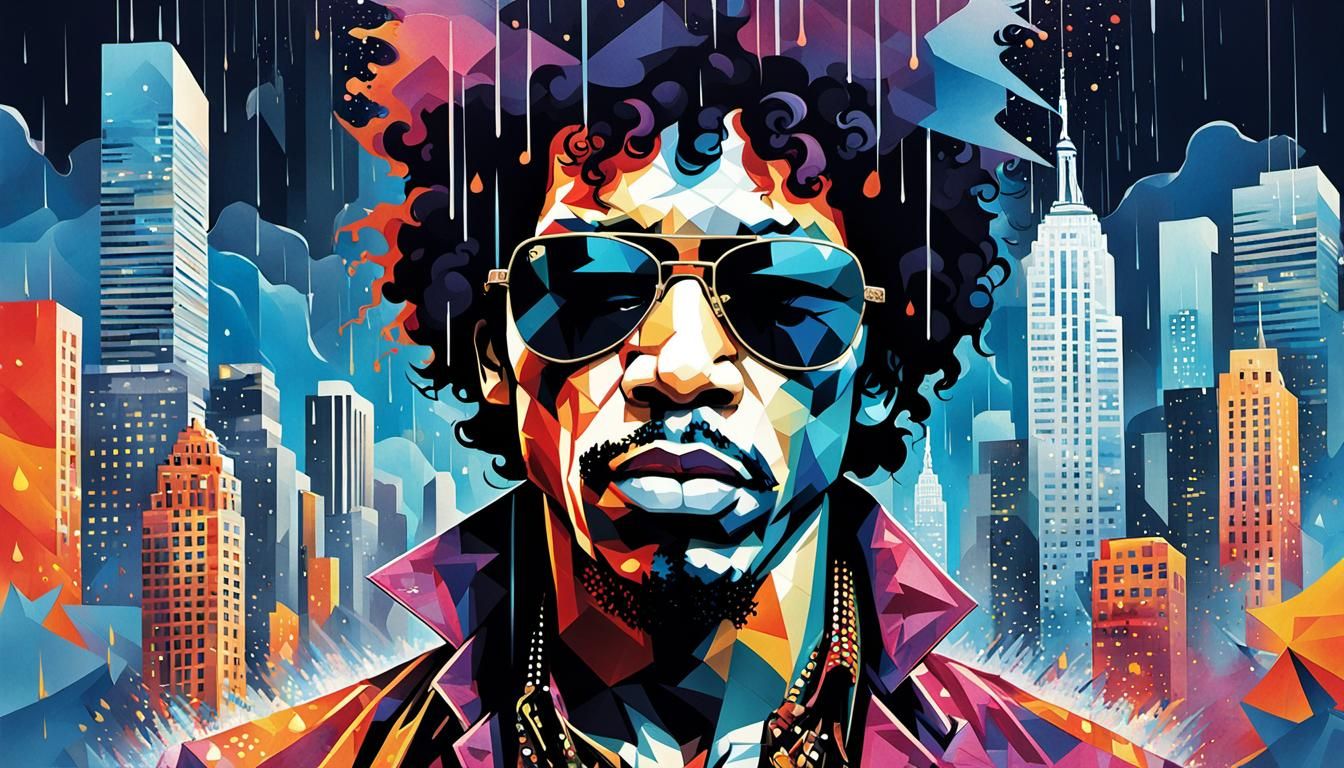 Jimi Hendrix Pop-Art Portrait with Acrylic Drips