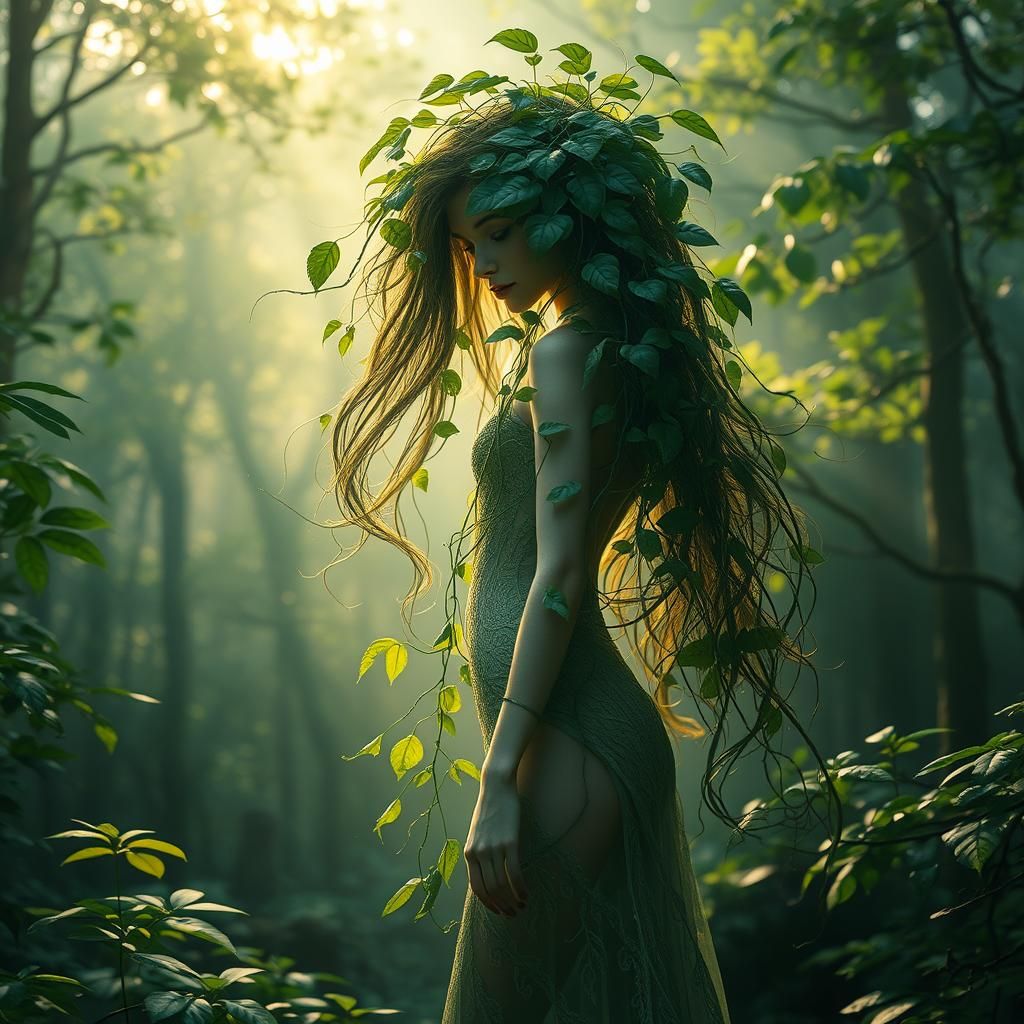 Ethereal Tree Fairy Woman in Misty Forest