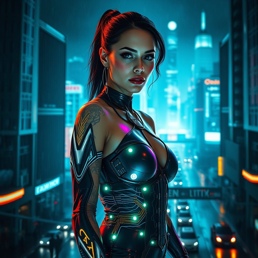 Gritty Cyberpunk Goddess of Neon Dreams