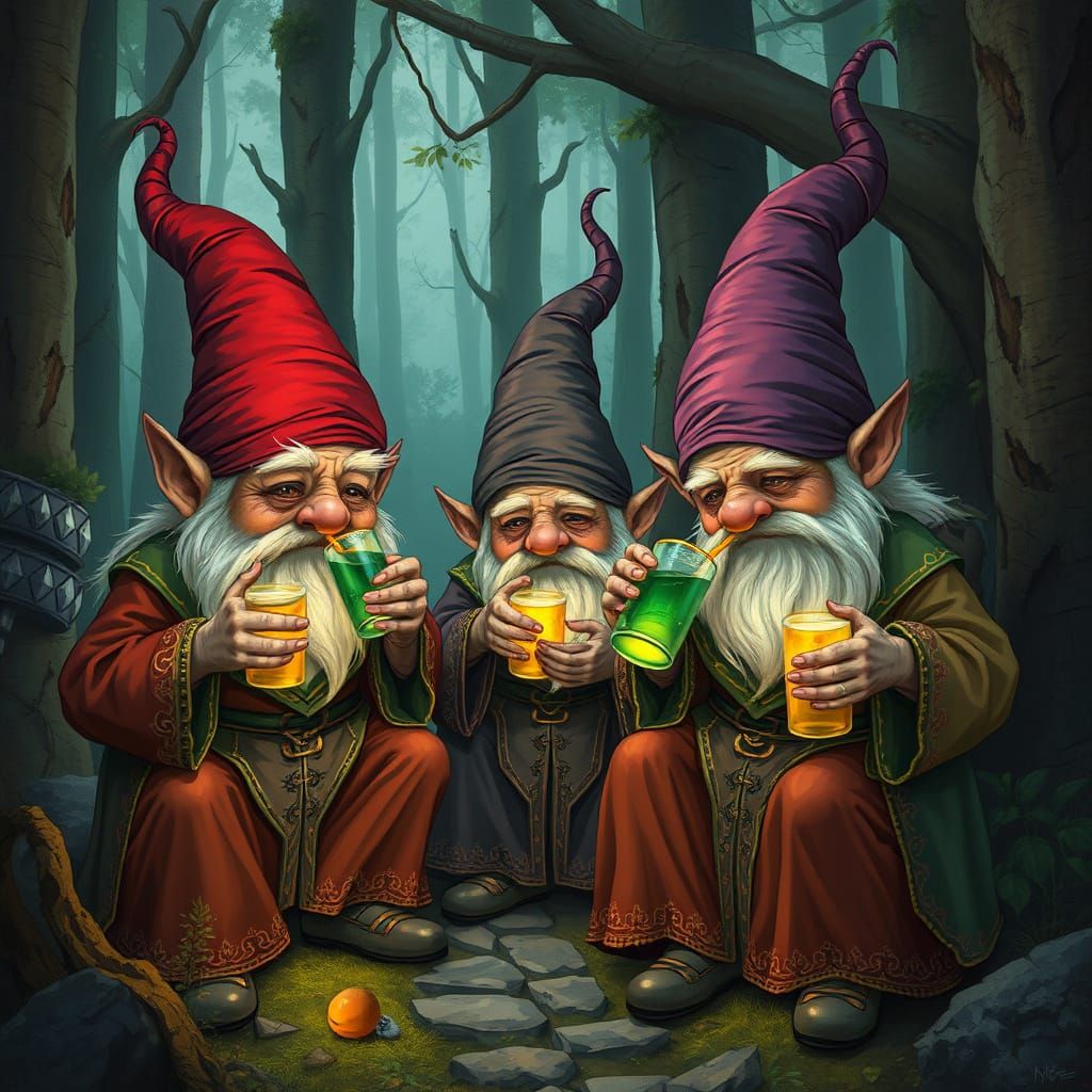 Gnomes in Mystical Forest Drink Glowing Potions
