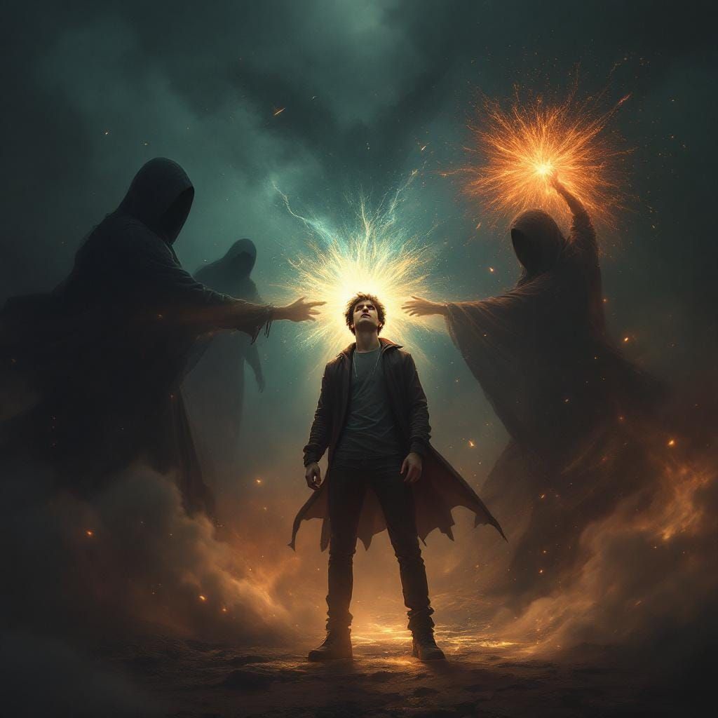 Man Torn Between Darkness, Earth, and Light