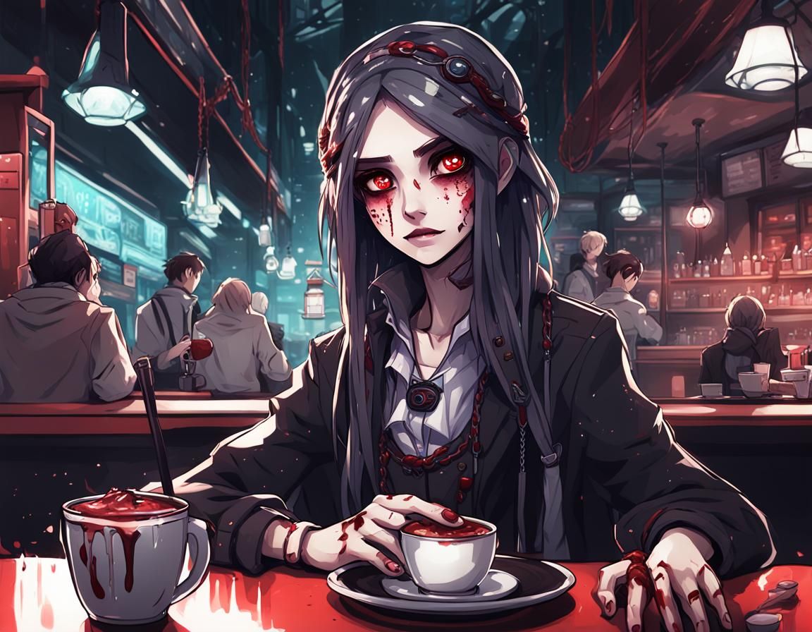 Dark Fantasy Barista in Surreal Cafe