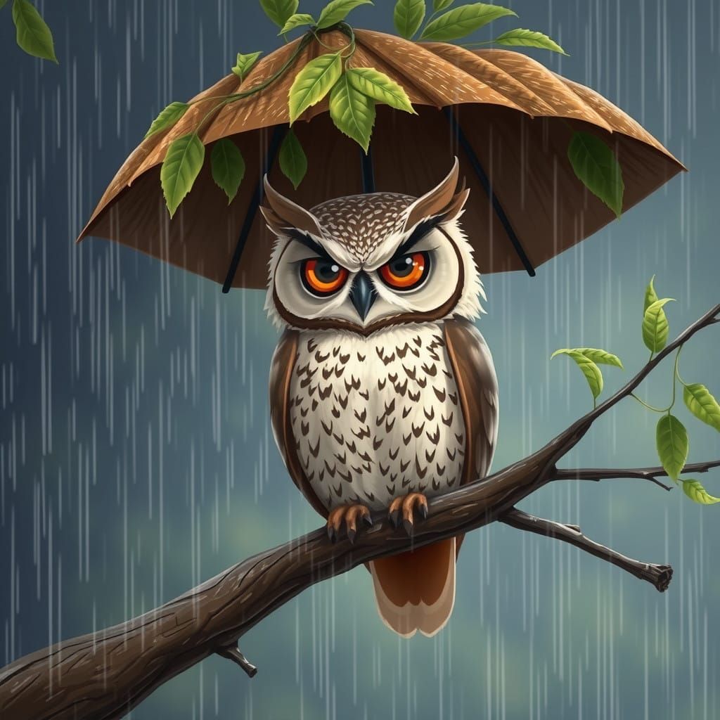 Owl Under Rainy Tree Branch Umbrella