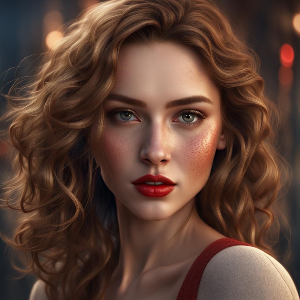 Beautiful Freckled Woman with Red Lipstick, Matte Painting