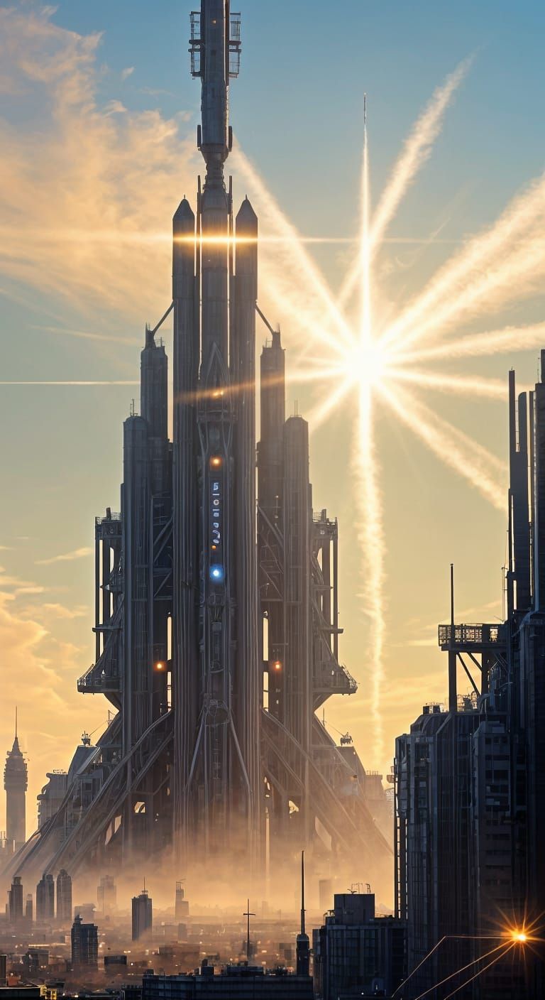 Giant Biological Rocket Launch Silhouette Over City