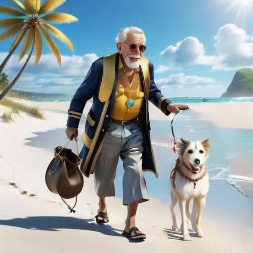 Funny Old Man Walks Dog: 3D Caricature