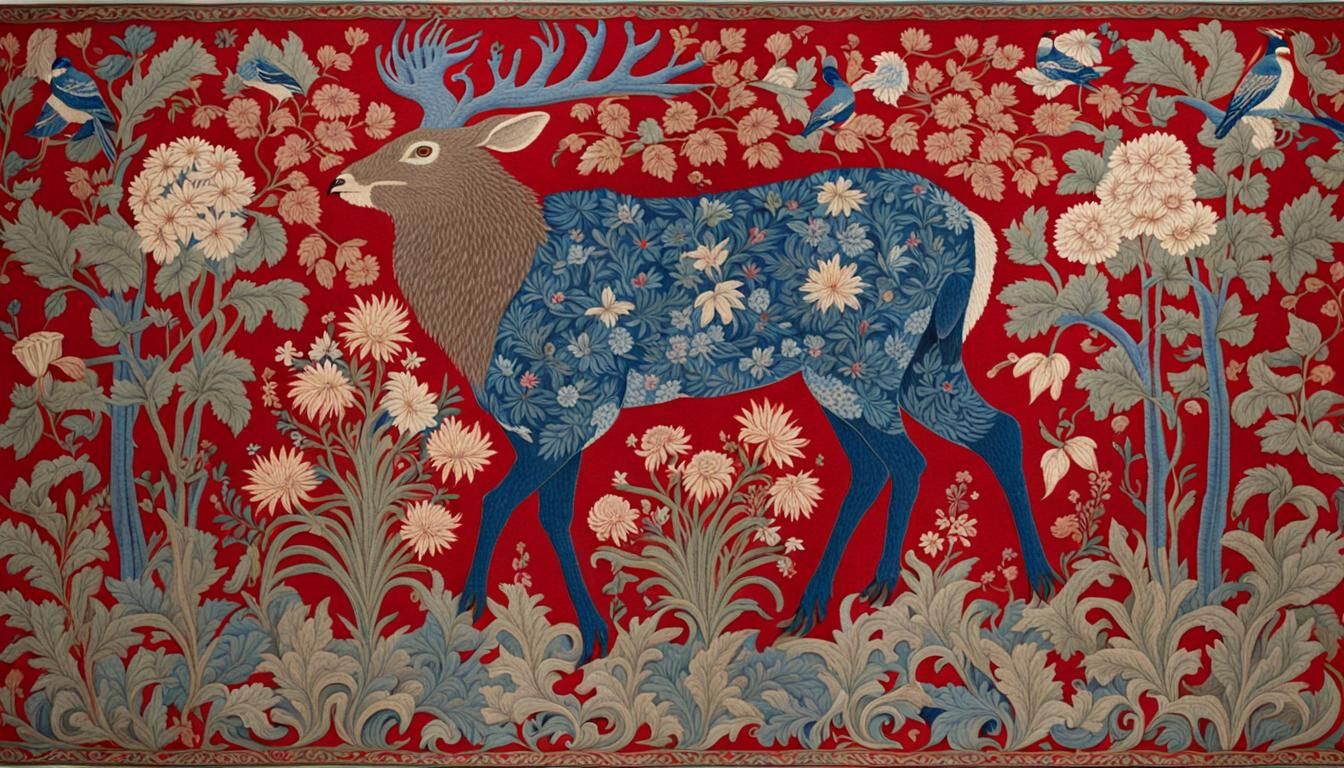 Floral Deer Tapestry in Arts and Crafts Style
