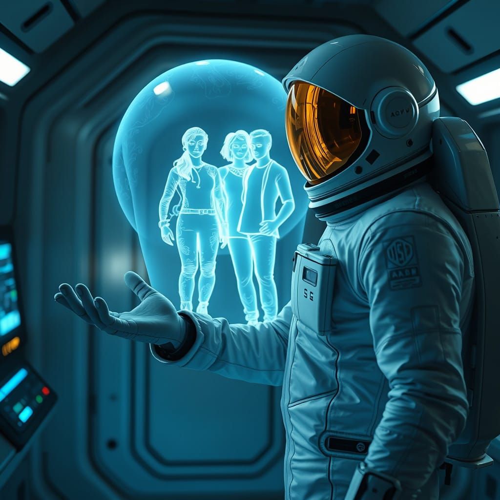 Astronaut Interacts with Holographic Projection in Futuristi...