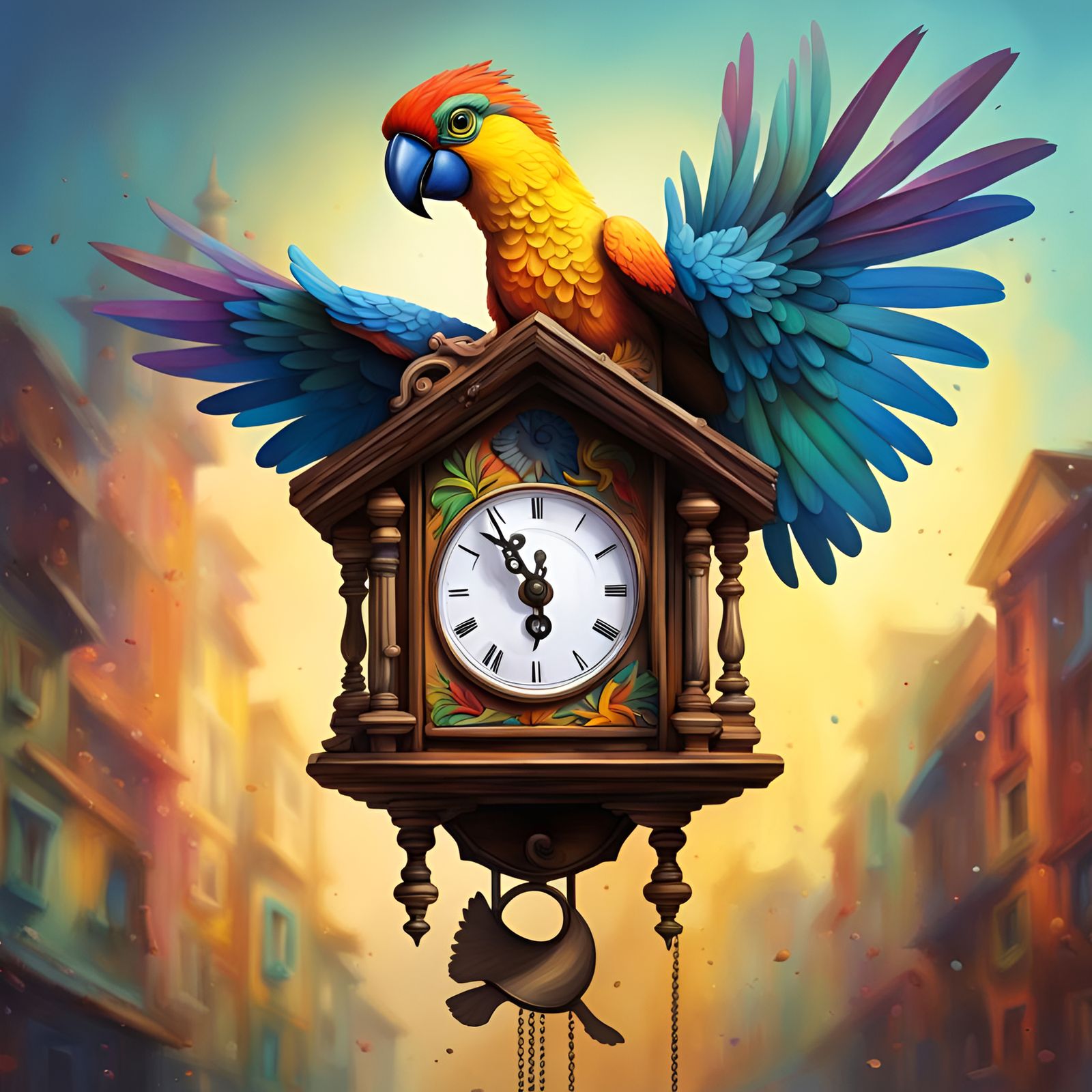 Hyperrealistic Cuckoo Clock with Parrot, Splash Art