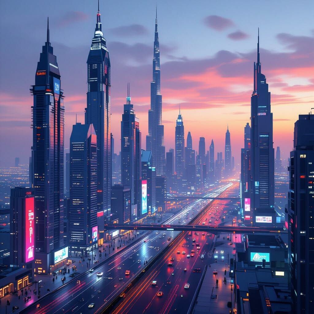 Dubai Cyberpunk Cityscape at Dusk