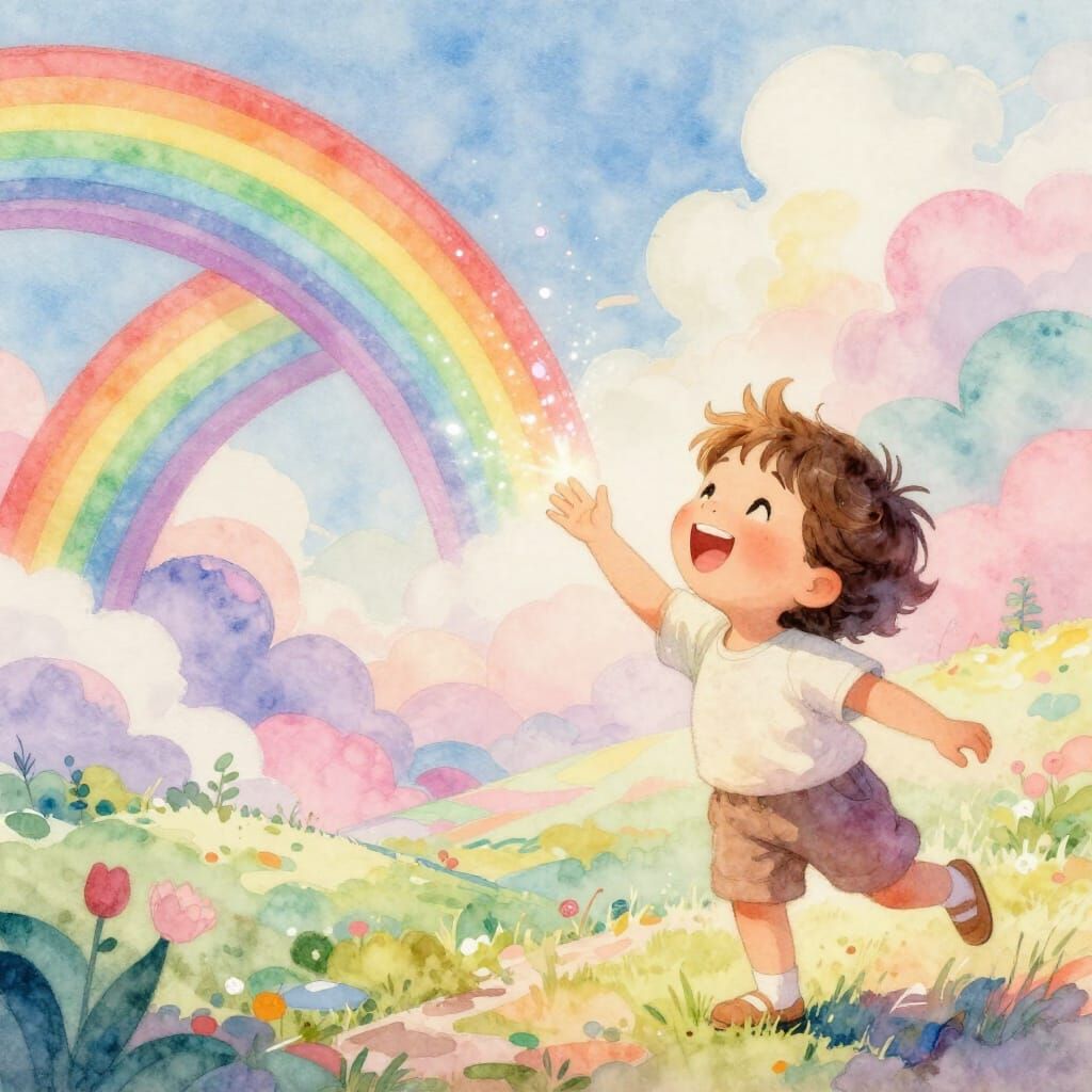 Joyful Inner Child Reaches for Ethereal Rainbow Bridge