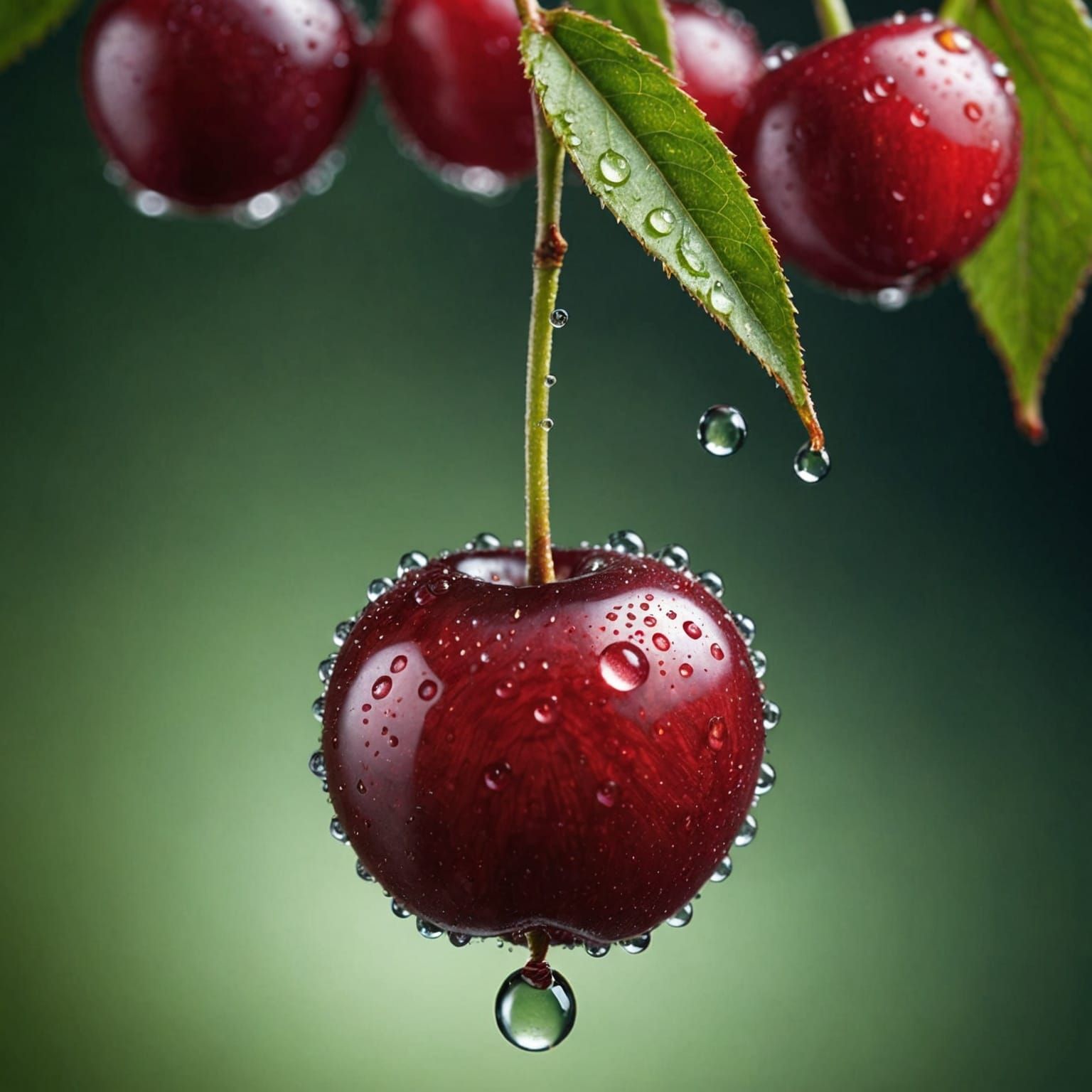 Detailed Macro Photo of Cherry with Dew Drops