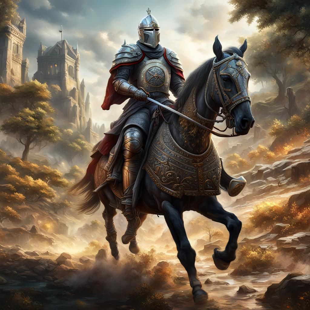 Templar Knight Rides from Battlefield: Hyperdetailed Art