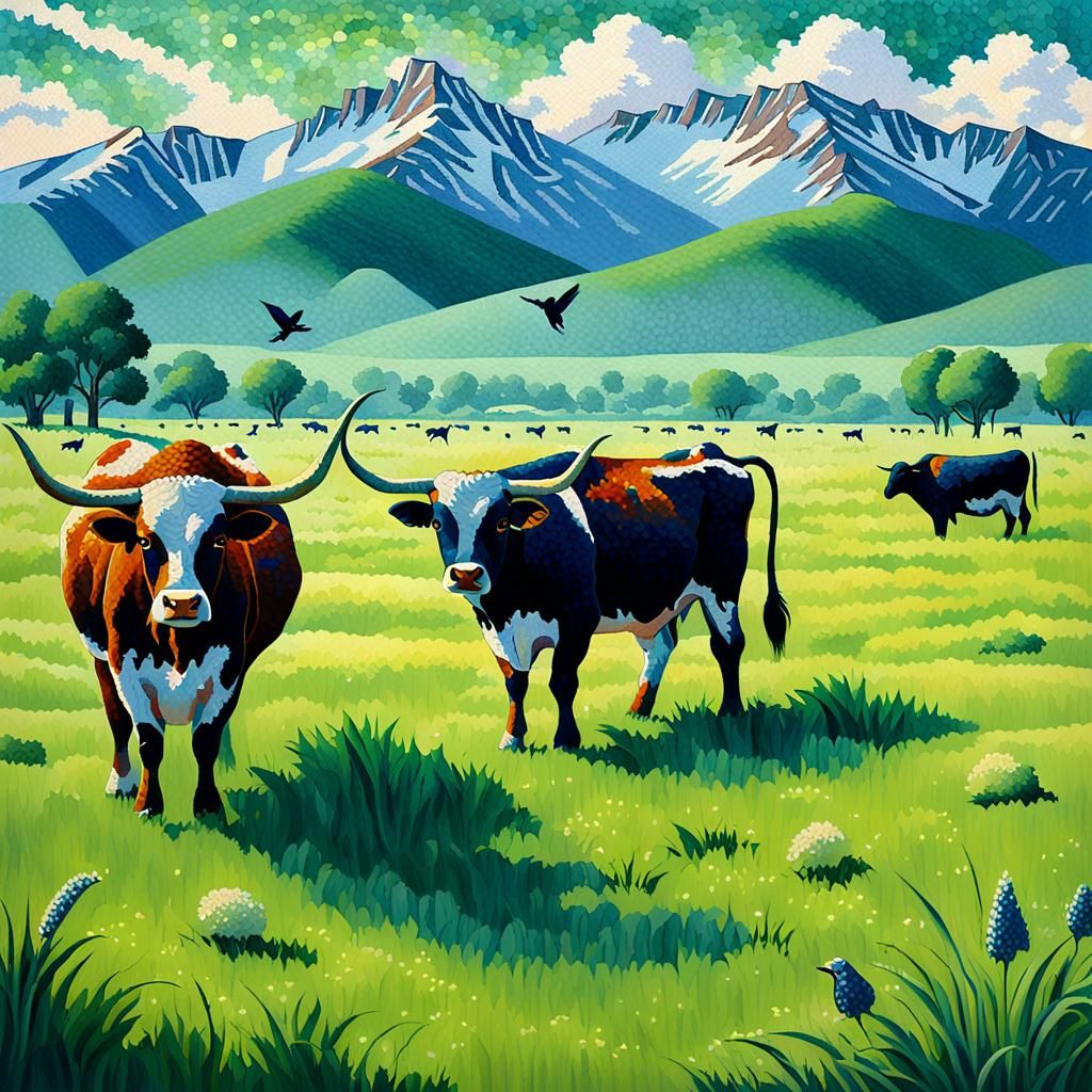Longhorn Cattle on Prairie as Pointillist Painting