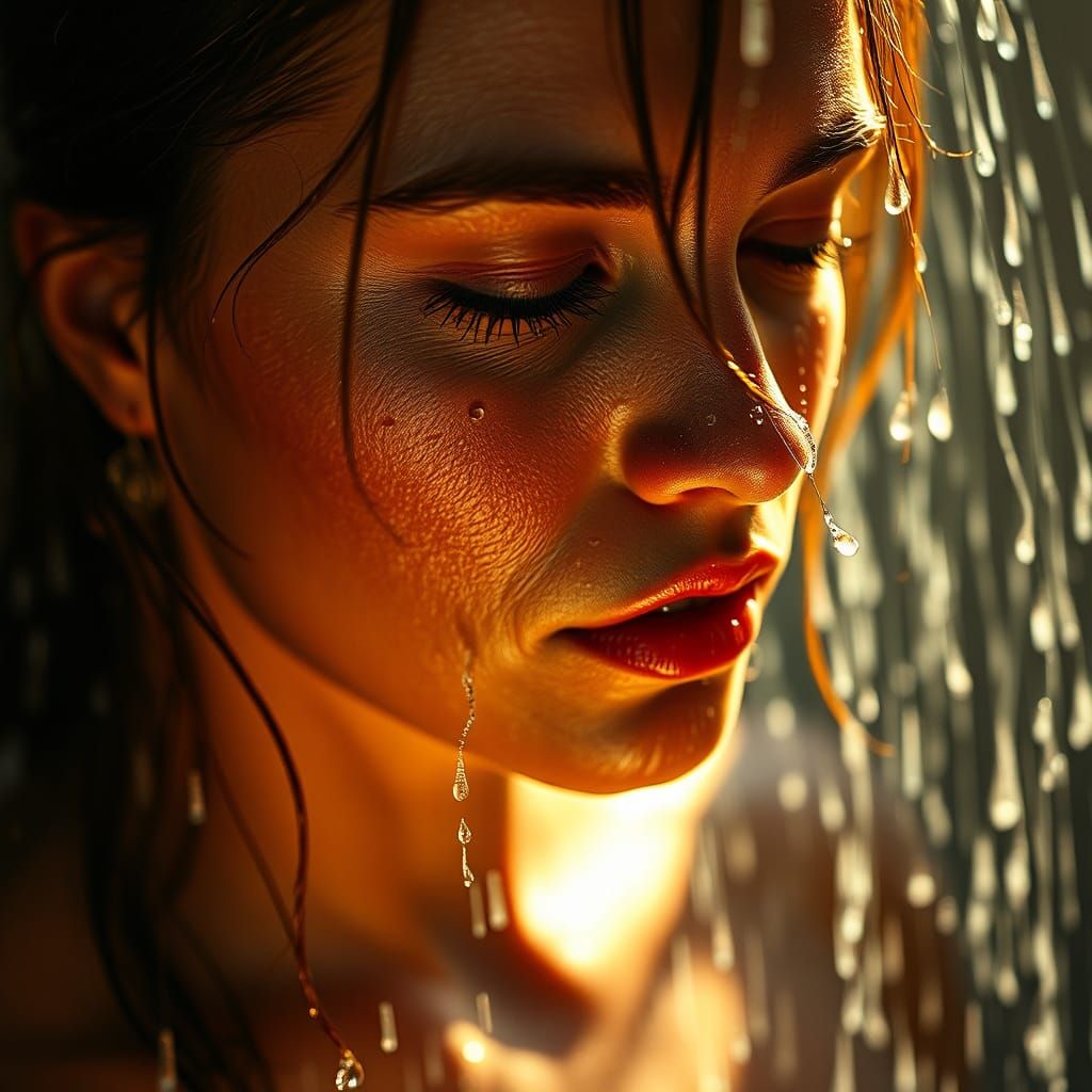 Woman in Sunlit Shower, Hyperrealistic Cinematic Style