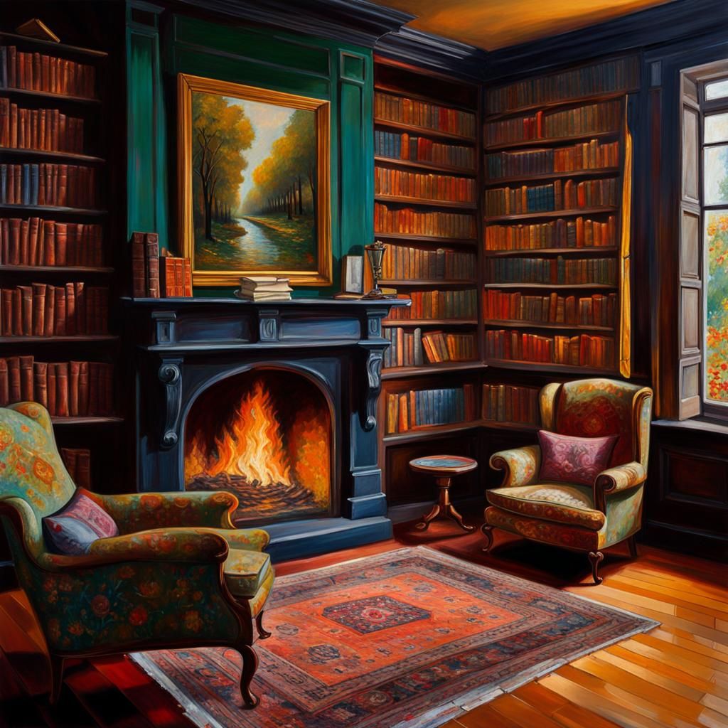 Cozy Library Interior in Impasto Style