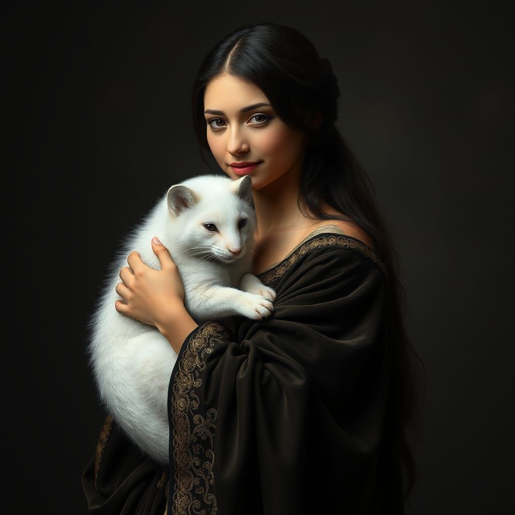 Elegant Renaissance Woman Cradles Ermine in Gentle Pose