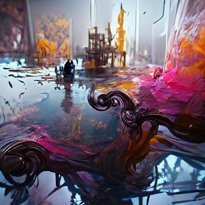 Glass Cube with Black Ink Flow in Gouache Style