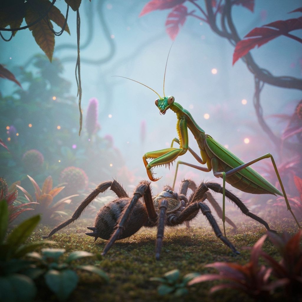 Praying Mantis vs Tarantula in Sci-Fi Jungle